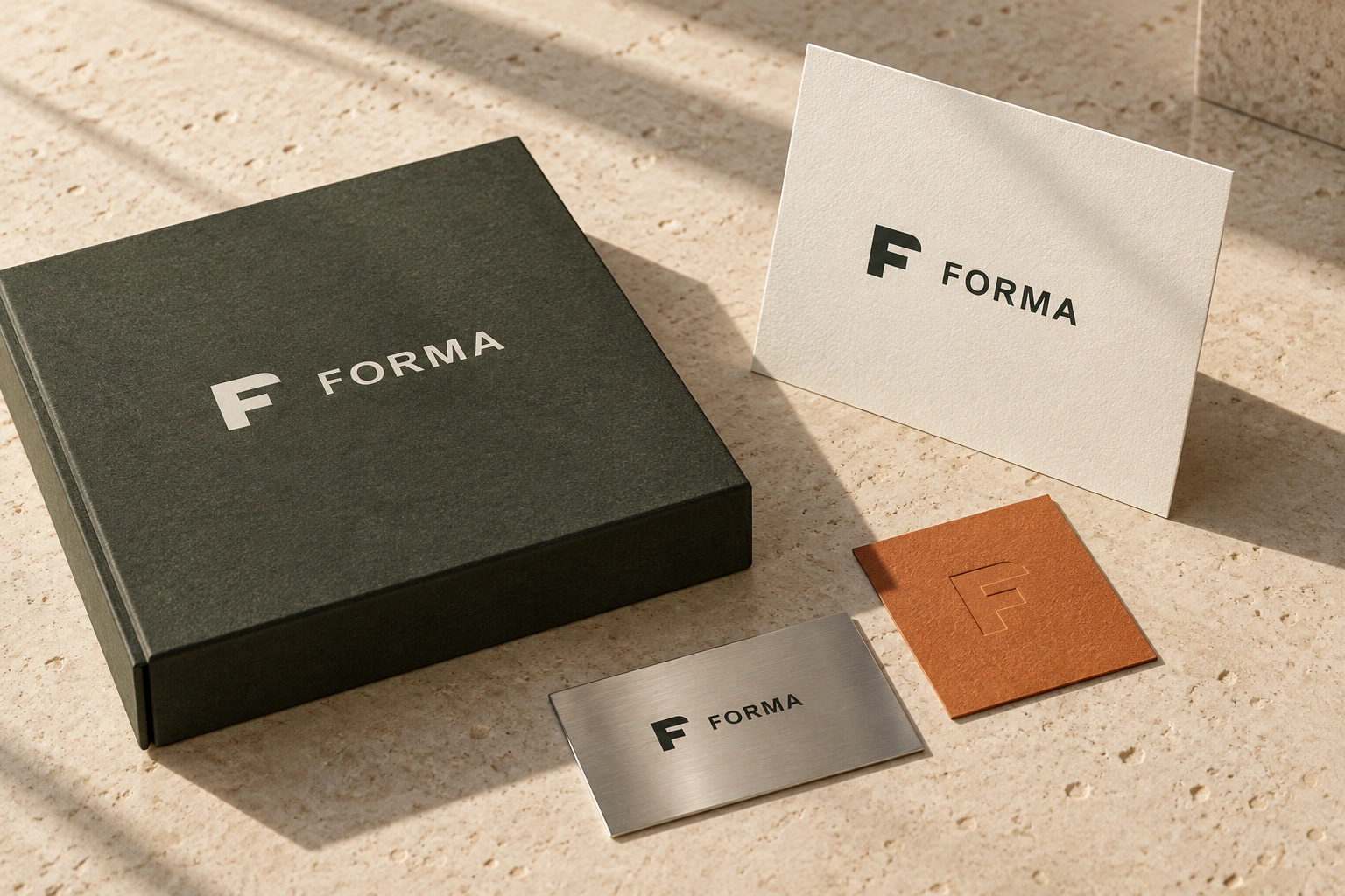 FORMA identity on an olive box, ivory stationery, orange swatch and metal card
