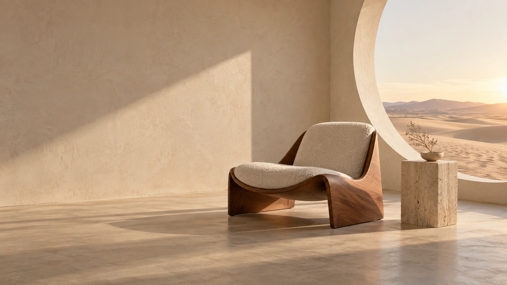Sculptural walnut lounge chair in a sunlit plaster room overlooking sand dunes