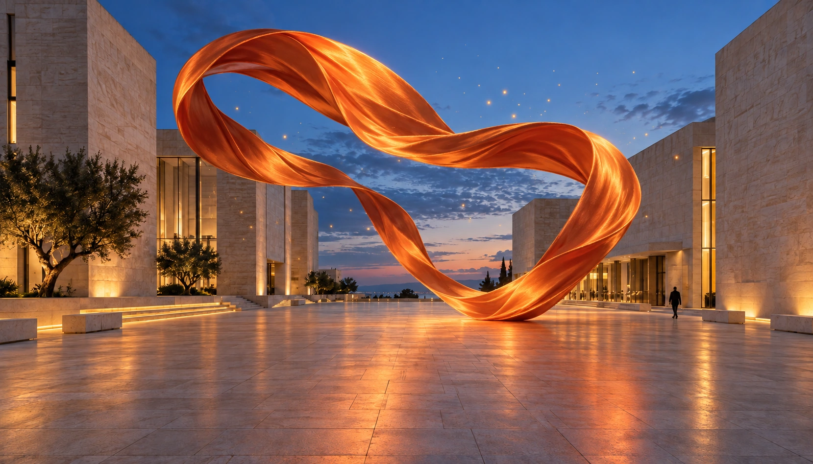 A monumental orange ribbon floating through a limestone plaza at blue hour