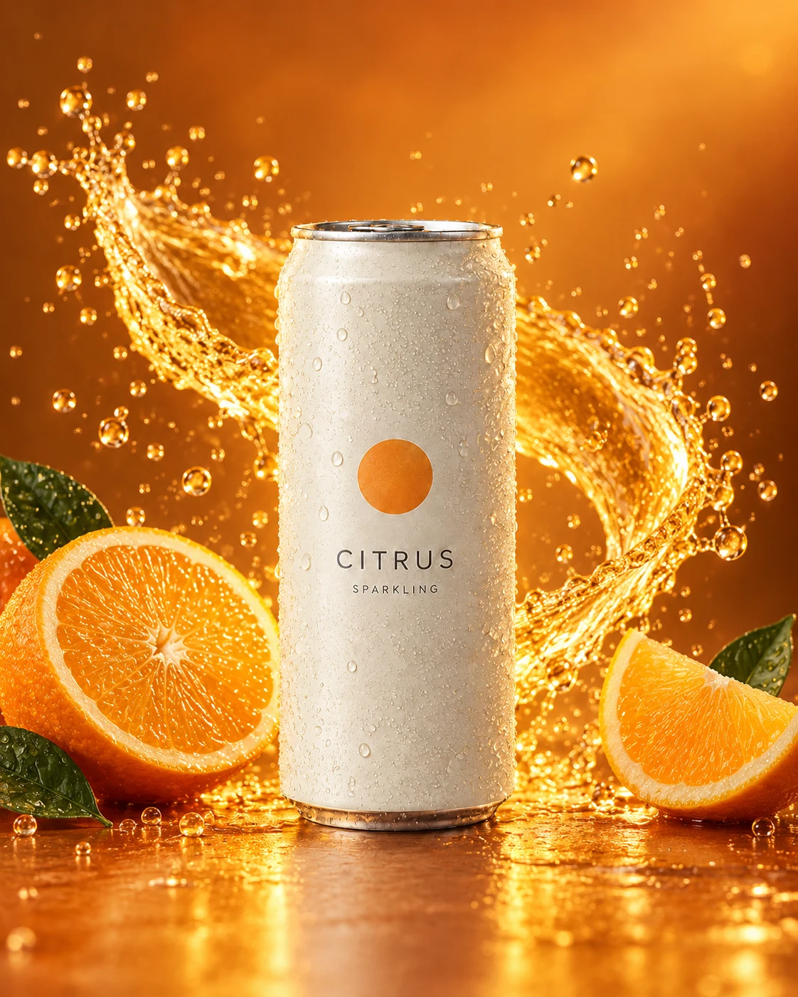Citrus can surrounded by a golden splash and fresh oranges