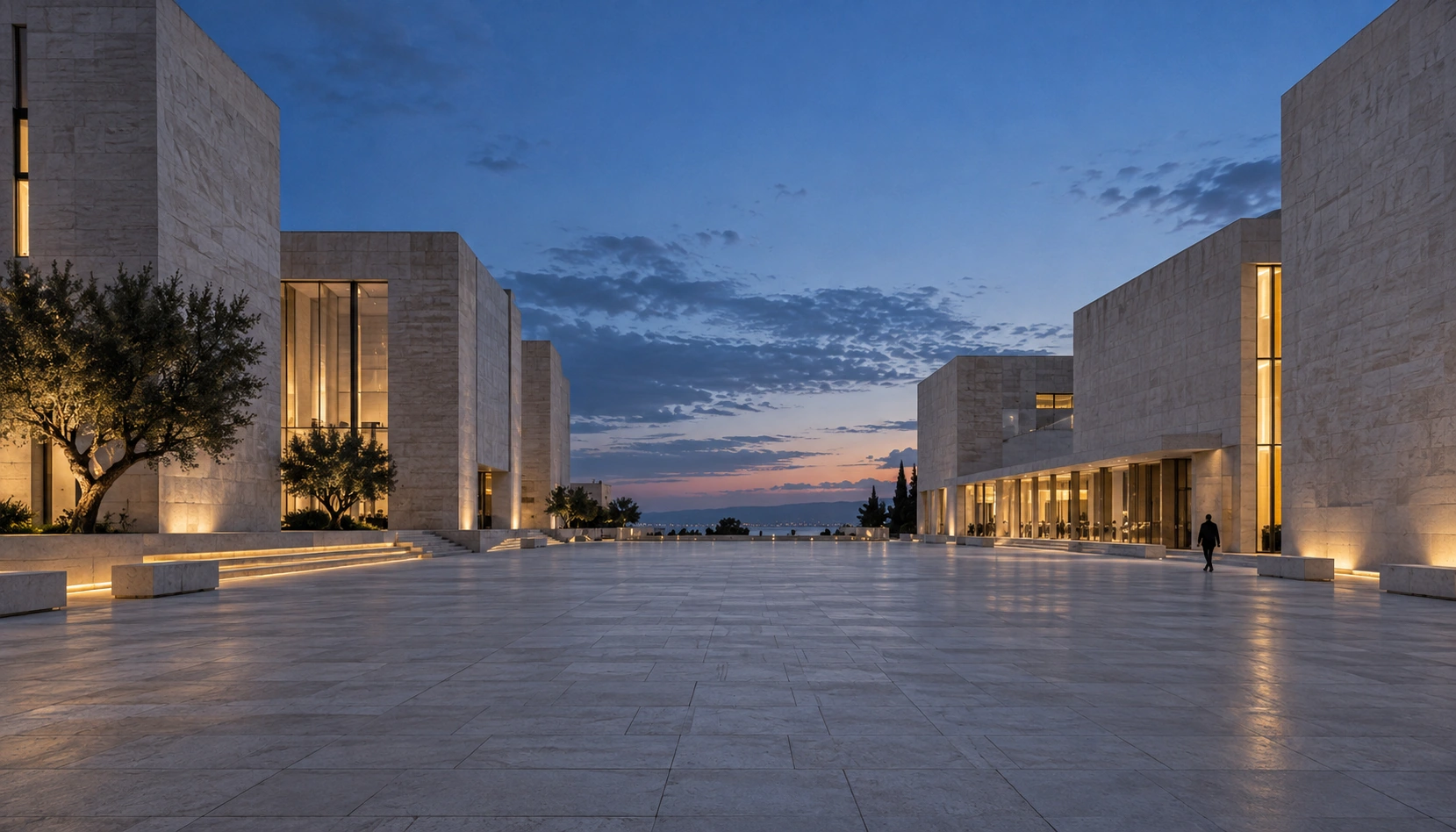 The same quiet limestone plaza before the ribbon effect